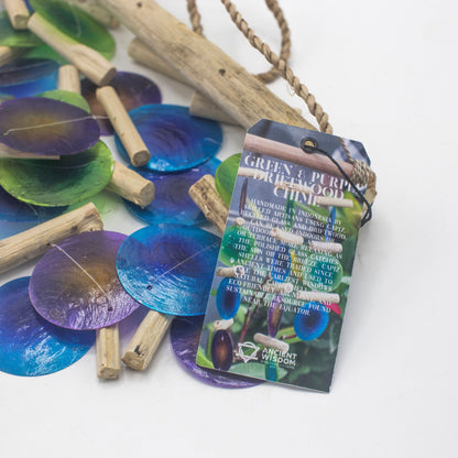 Green & Purple Driftwood Chime – Handmade Capiz Shell & Driftwood