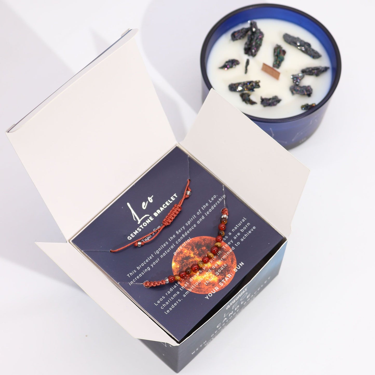 Zodiac Crystal Candle with Gemstone Bracelet – Leo | Frosted Citrine & Ginger