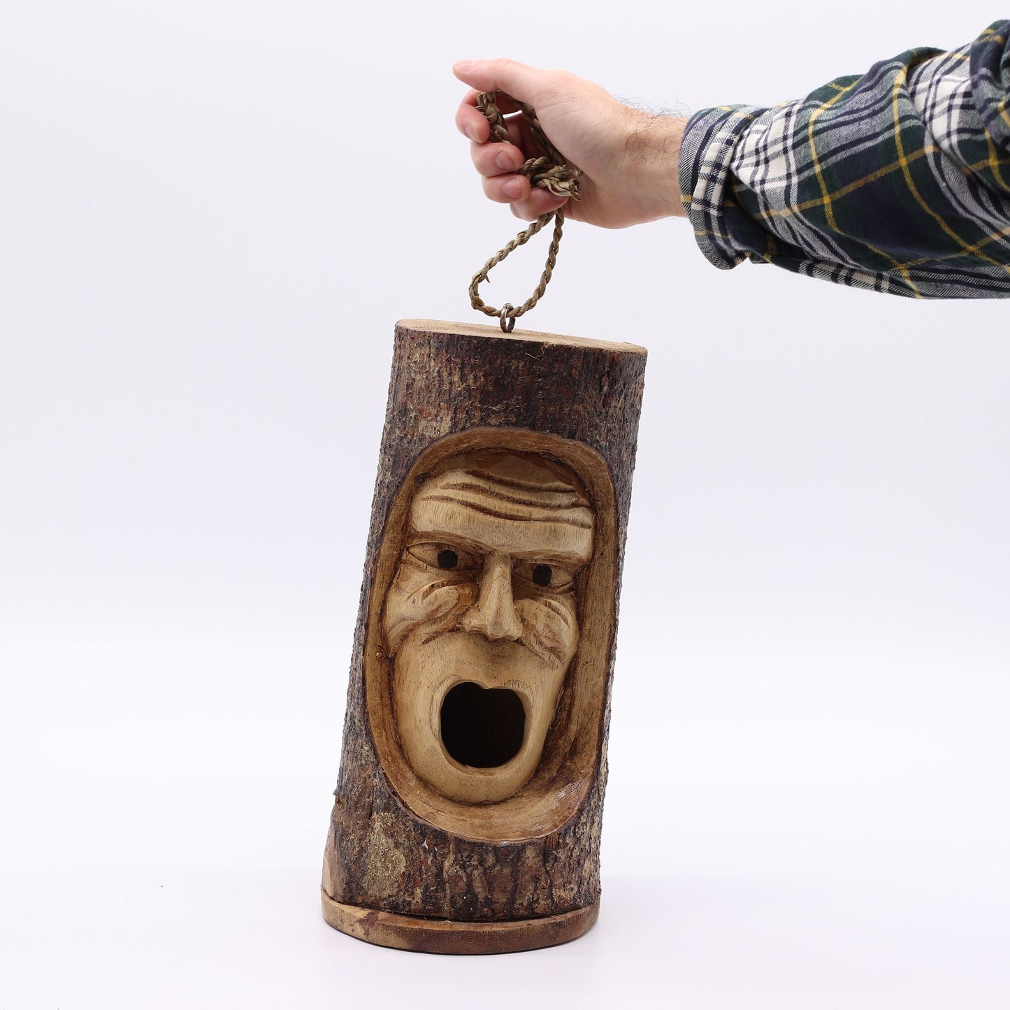 Grumpy Old Man Tree Trunk Bird House – Hand-Carved in Indonesia | Garden Decoration